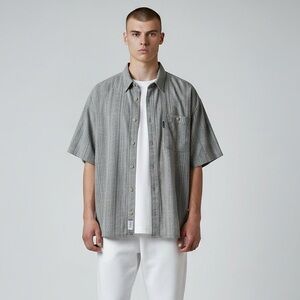 Columbia Shirt Men's Large Gray‎ Stripe Camp Button Up Short Sleeve Cotton